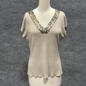 Venini Shirt Womens XL Beige Sequin V Neck Dolman Short Sleeve Linen Blend Top